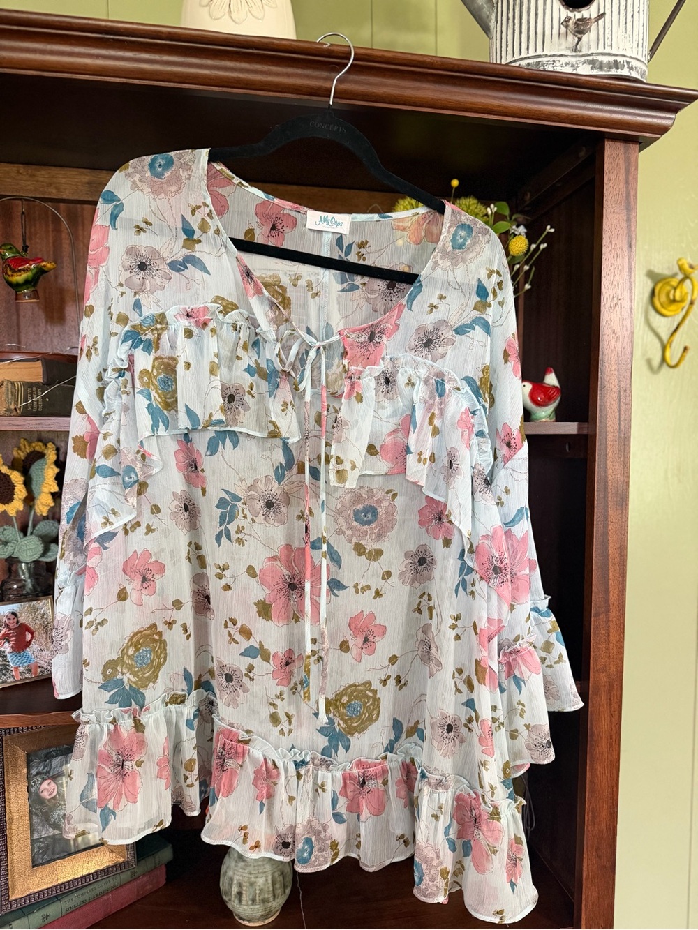 Joie Cream Floral Ruffle Peasant Blouse — Pink & Blue Flowers